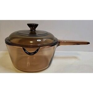 Vintage Pyrex Corning Vision Ware Amber 1L Glass Cooking Pot Spout with Lid USA
